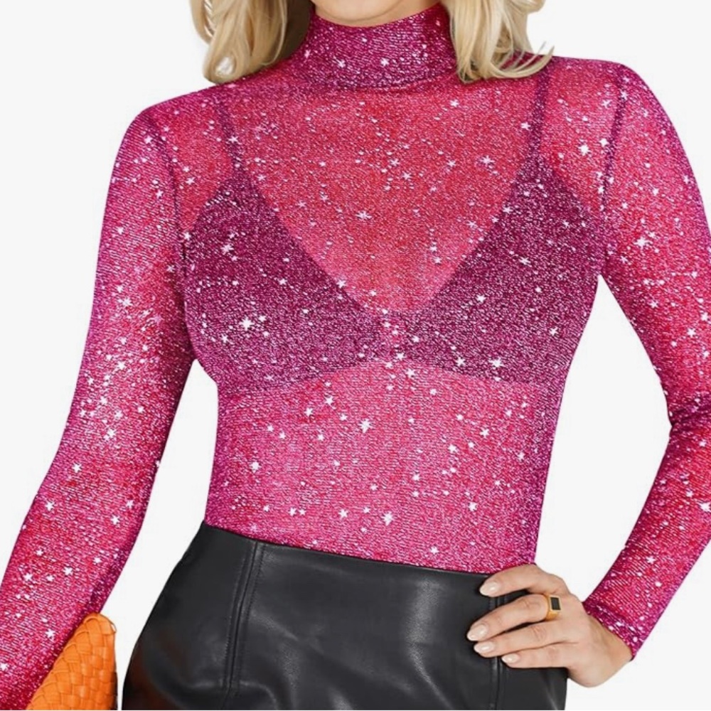 Sheer hot pink mock neck top